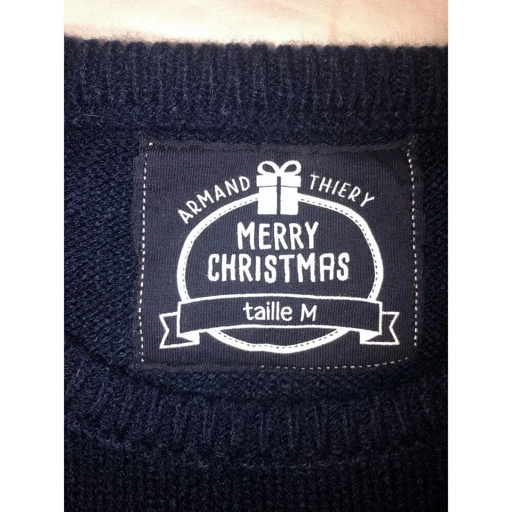 Christmas Sweater Penguin Reindeer Snowflakes Size M Mens Blue Jumper Textured